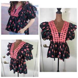entro Women’s Sz S Peplum Blouse ruffled balloon sleeves 100% Cotton pink/black
